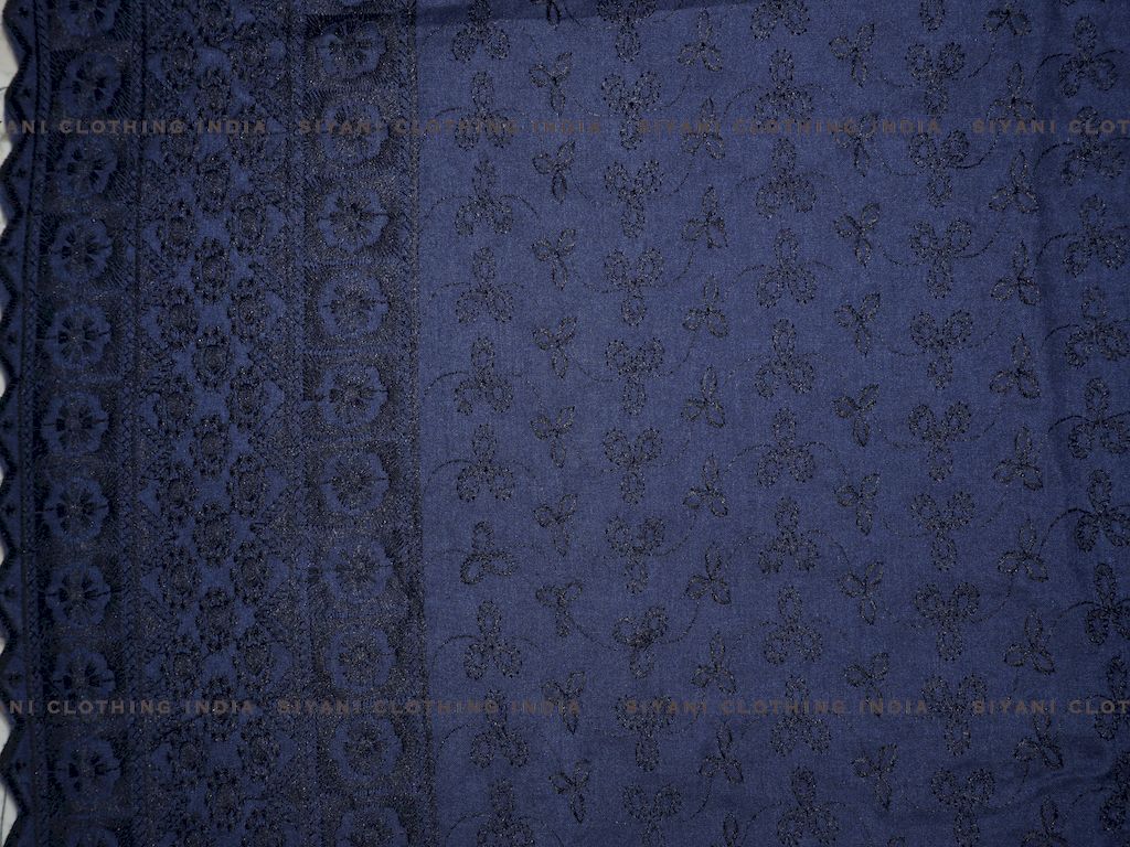 Navy Blue Poly Cotton Floral And Border Design Chikankari Embroidered Fabric - Siyani Clothing India