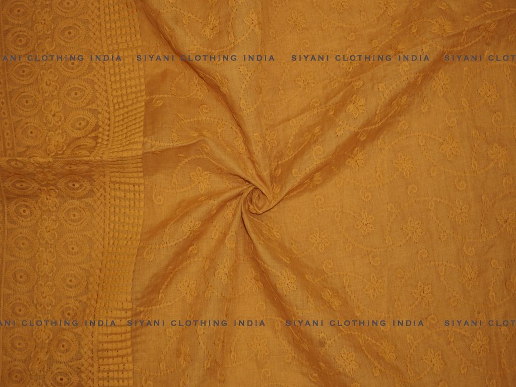 Siyani Mustard Poly Cotton Floral And Border Design Chikankari Embroidered Fabric