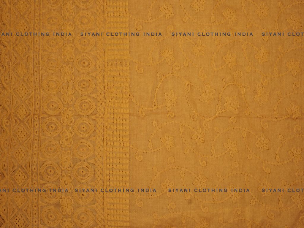 Mustard Poly Cotton Floral And Border Design Chikankari Embroidered Fabric - Siyani Clothing India