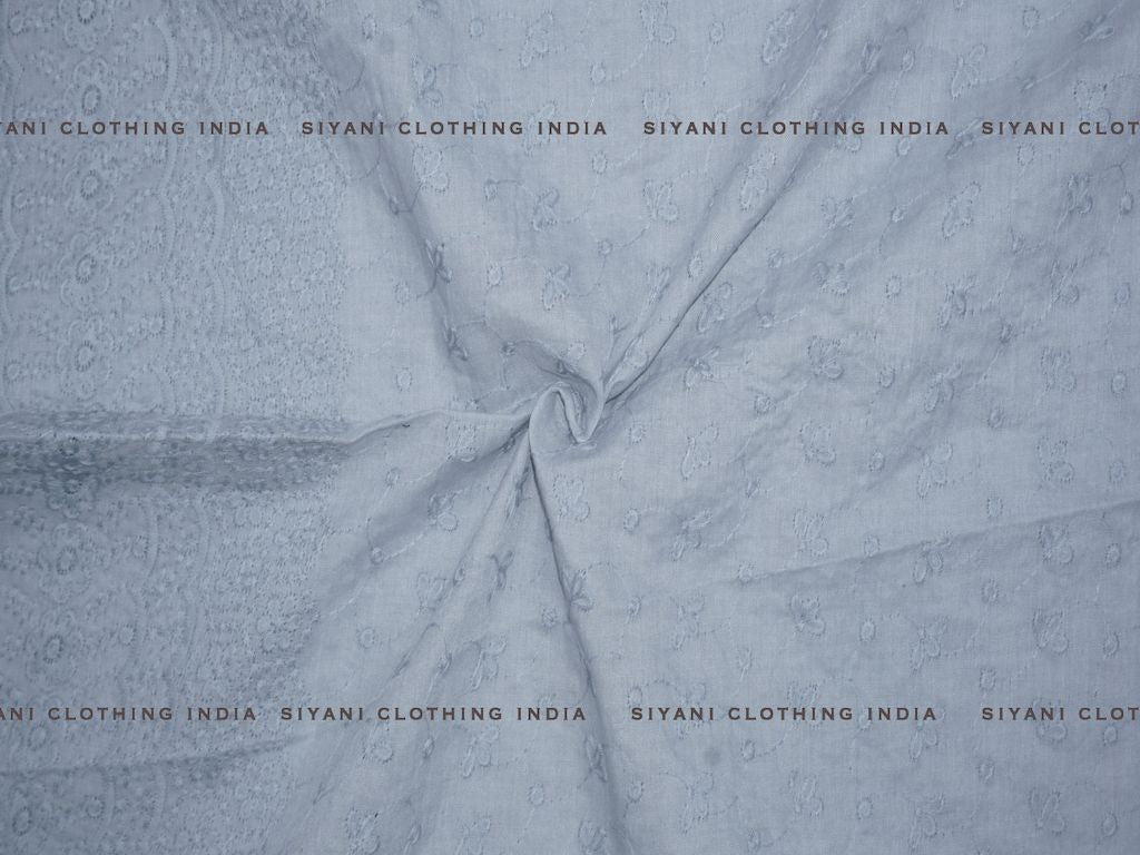 Siyani Grey Poly Cotton Floral And Border Design Chikankari Embroidered Fabric