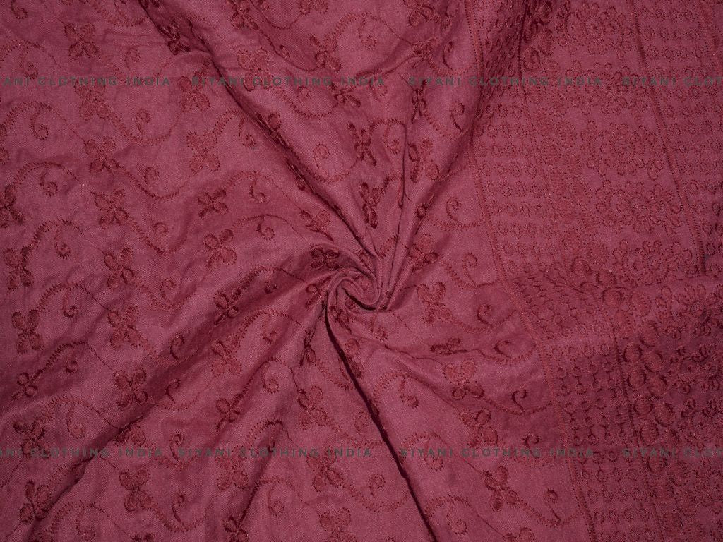 Siyani Maroon Poly Cotton Floral And Border Design Chikankari Embroidered Fabric