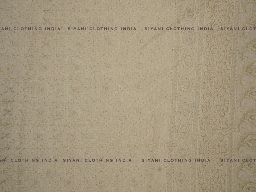 Beige Poly Cotton Floral And Border Design Chikankari Embroidered Fabric - Siyani Clothing India