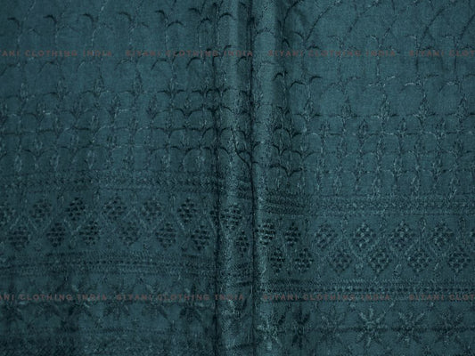 Bottle Green Poly Cotton Floral And Border Design Chikankari Embroidered Fabric - Siyani Clothing India