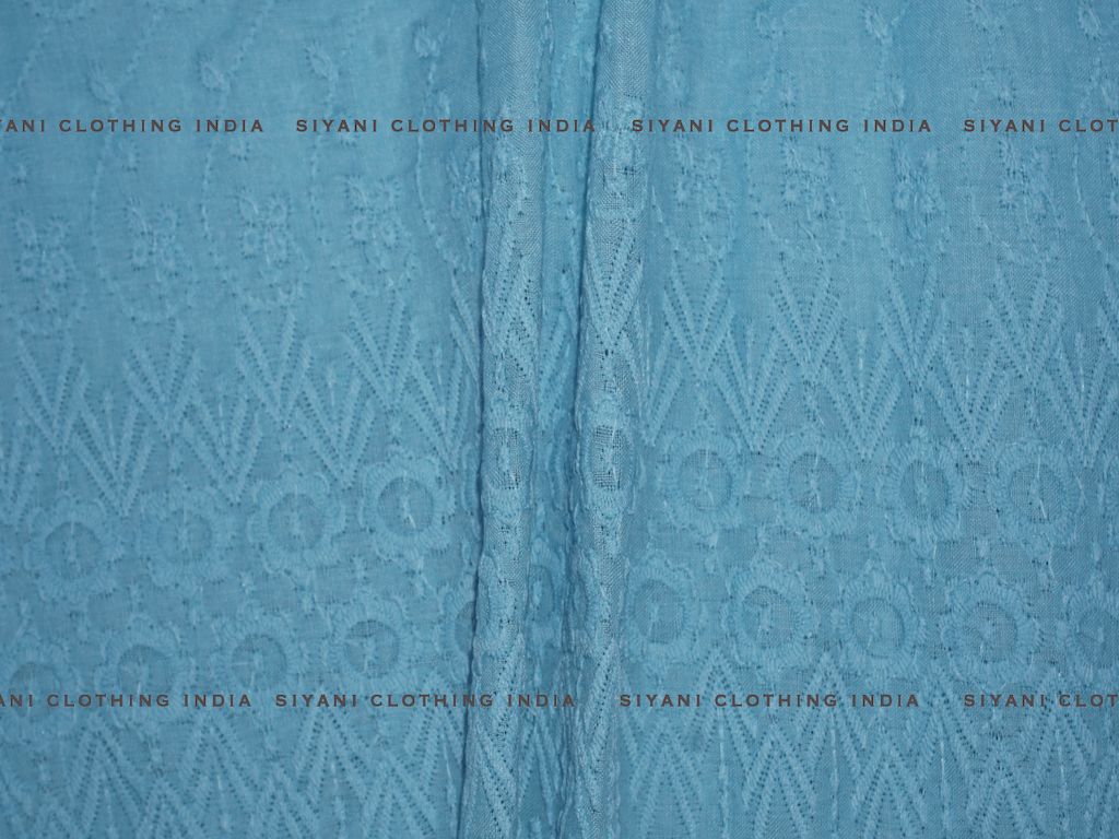 Sky Blue Poly Cotton Floral And Border Design Chikankari Embroidered Fabric - Siyani Clothing India