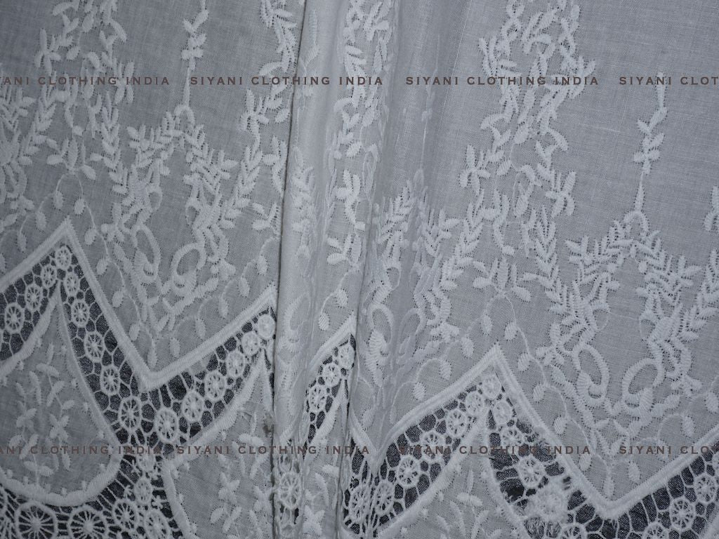 White Poly Cotton Border Cutwork Schiffli Embroidered Fabric - Siyani Clothing India