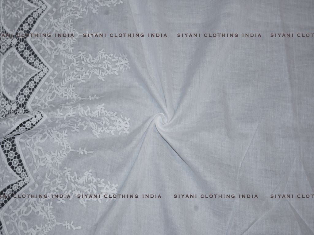 Siyani White Poly Cotton Border Cutwork Schiffli Embroidered Fabric