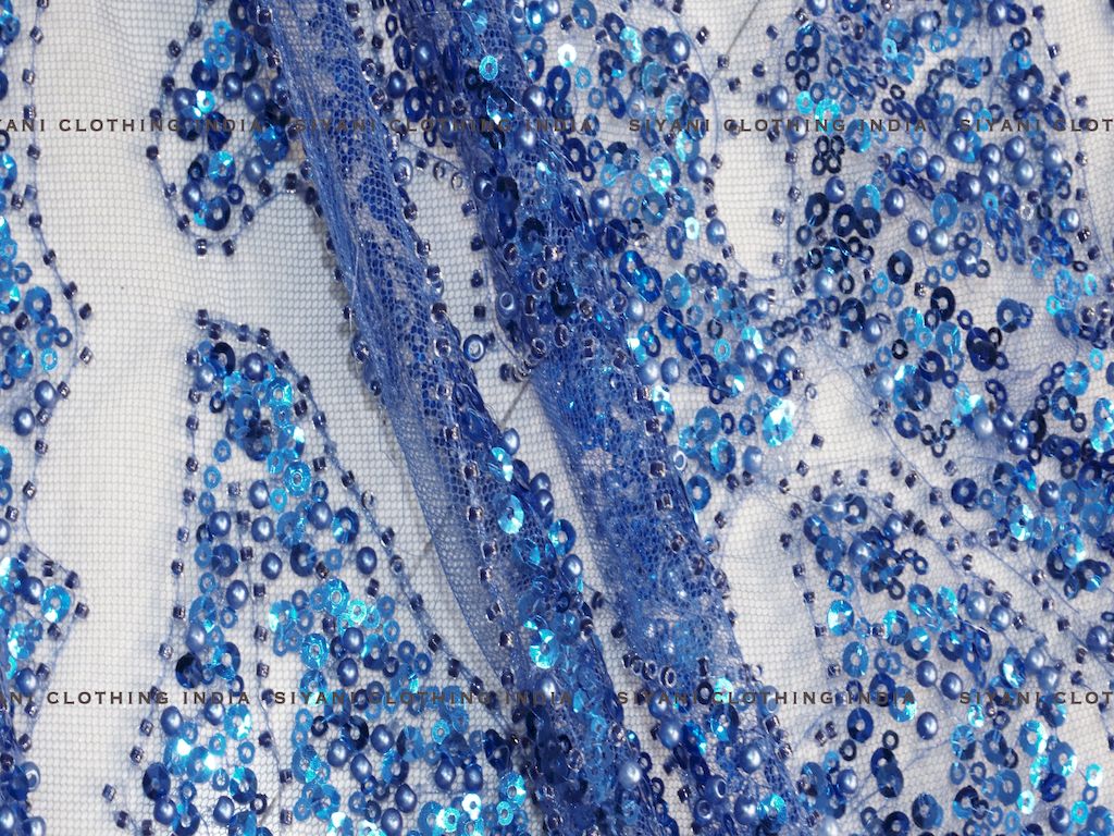 Royal Blue Hand Embroidered Net Fabric - Siyani Clothing India