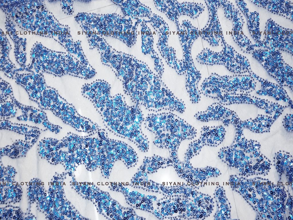 Royal Blue Hand Embroidered Net Fabric - Siyani Clothing India