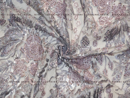 Siyani Grey Hand Embroidered Net Fabric