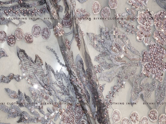 Grey Hand Embroidered Net Fabric - Siyani Clothing India