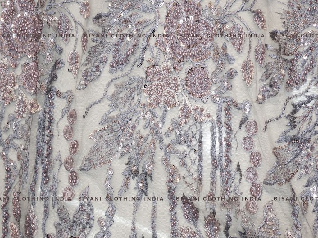 Grey Hand Embroidered Net Fabric - Siyani Clothing India