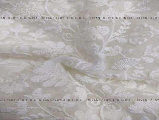 Siyani White Chikankari Embroidered Georgette Fabric