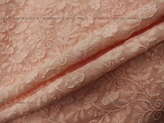 Peach Chikankari Embroidered Georgette Fabric - Siyani Clothing India