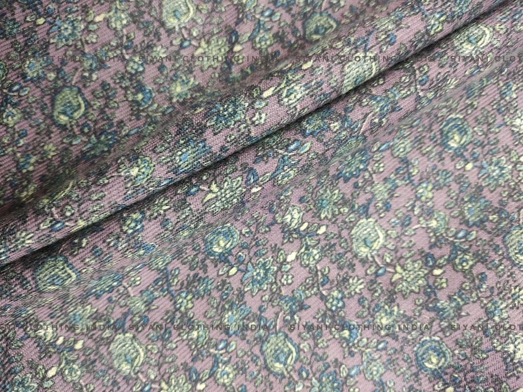 Gray Flowers Printed Wool Fabric - Siyani Clothing India