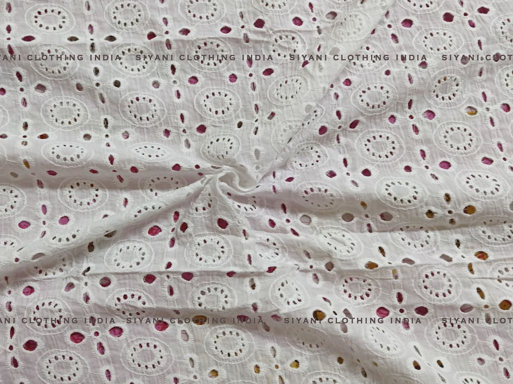 Siyani White Dyeable Circular And Floral Pattern Cotton Chikankari Embroidered Fabric