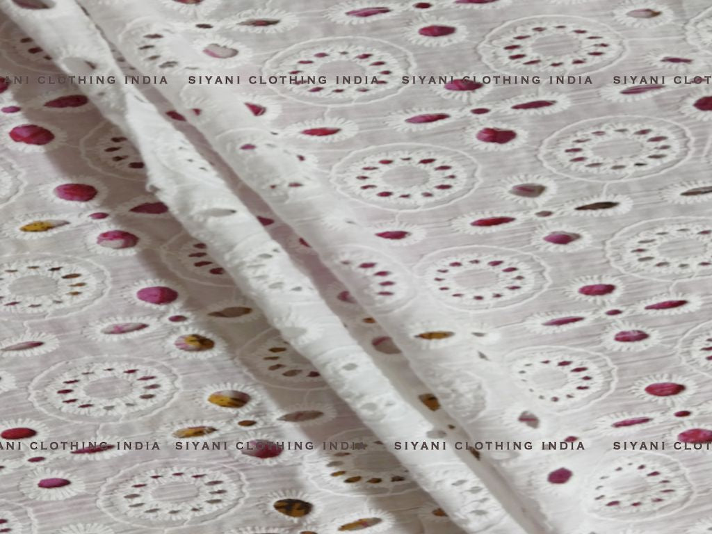 White Dyeable Circular And Floral Pattern Cotton Chikankari Embroidered Fabric - Siyani Clothing India