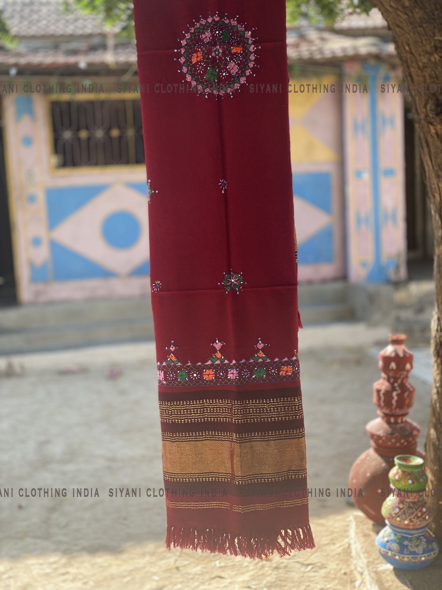 Siyani Maroon Pure Wool Embroidered Handmade Shawl