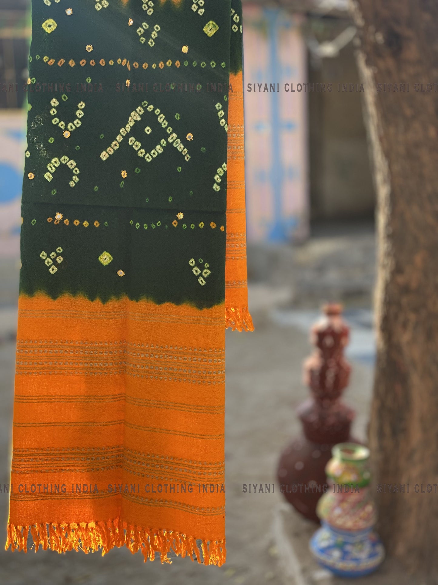 Green & yellow Tie And Dye Pure Wool Embroidered Handmade Shawl - Siyani Clothing India