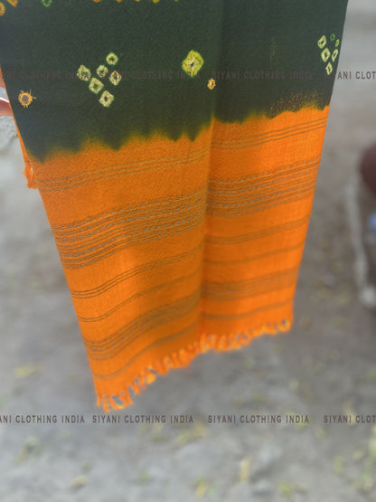 Green & yellow Tie And Dye Pure Wool Embroidered Handmade Shawl - Siyani Clothing India