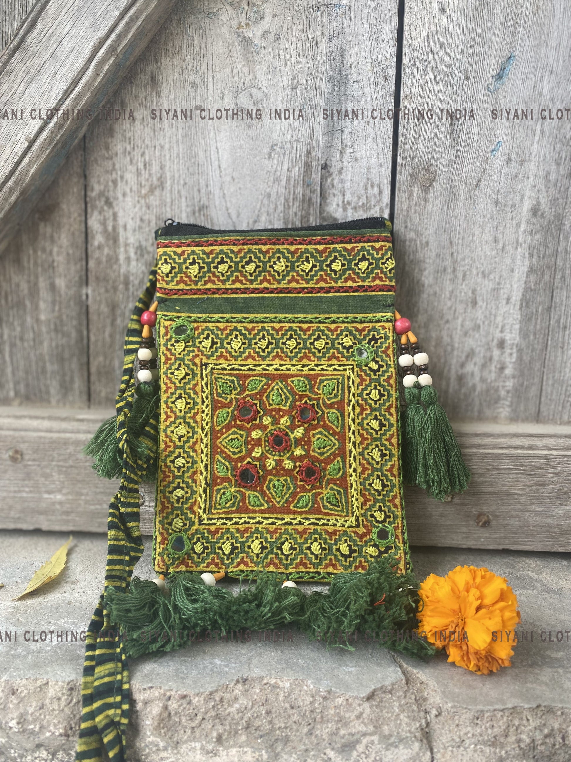 Mehendi Green Thread Embroidered Handmade Sling Bag - Siyani Clothing India