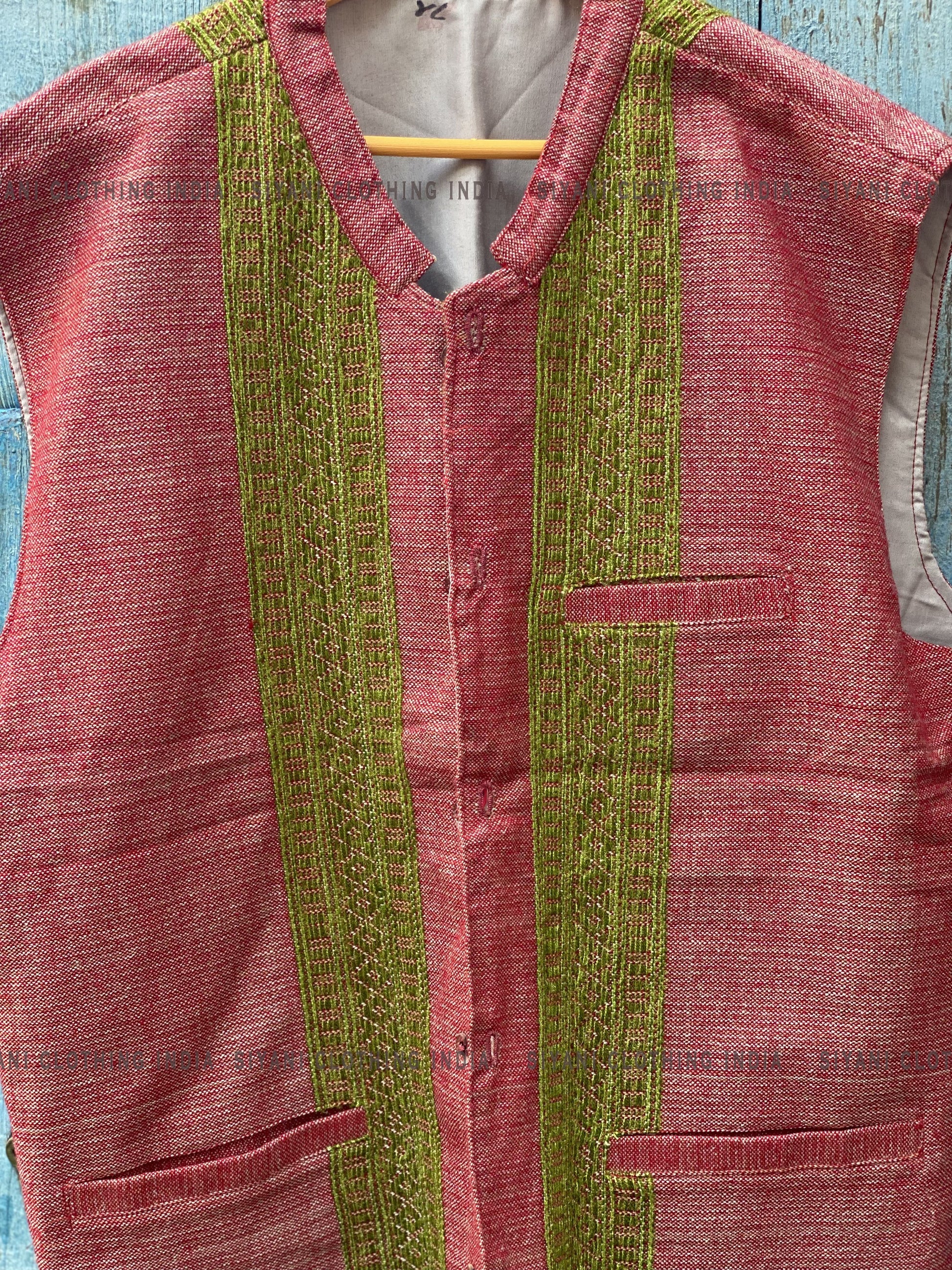 Red Solid Sustainable Handloom Cotton Handmade Nehru Jacket - Siyani Clothing India