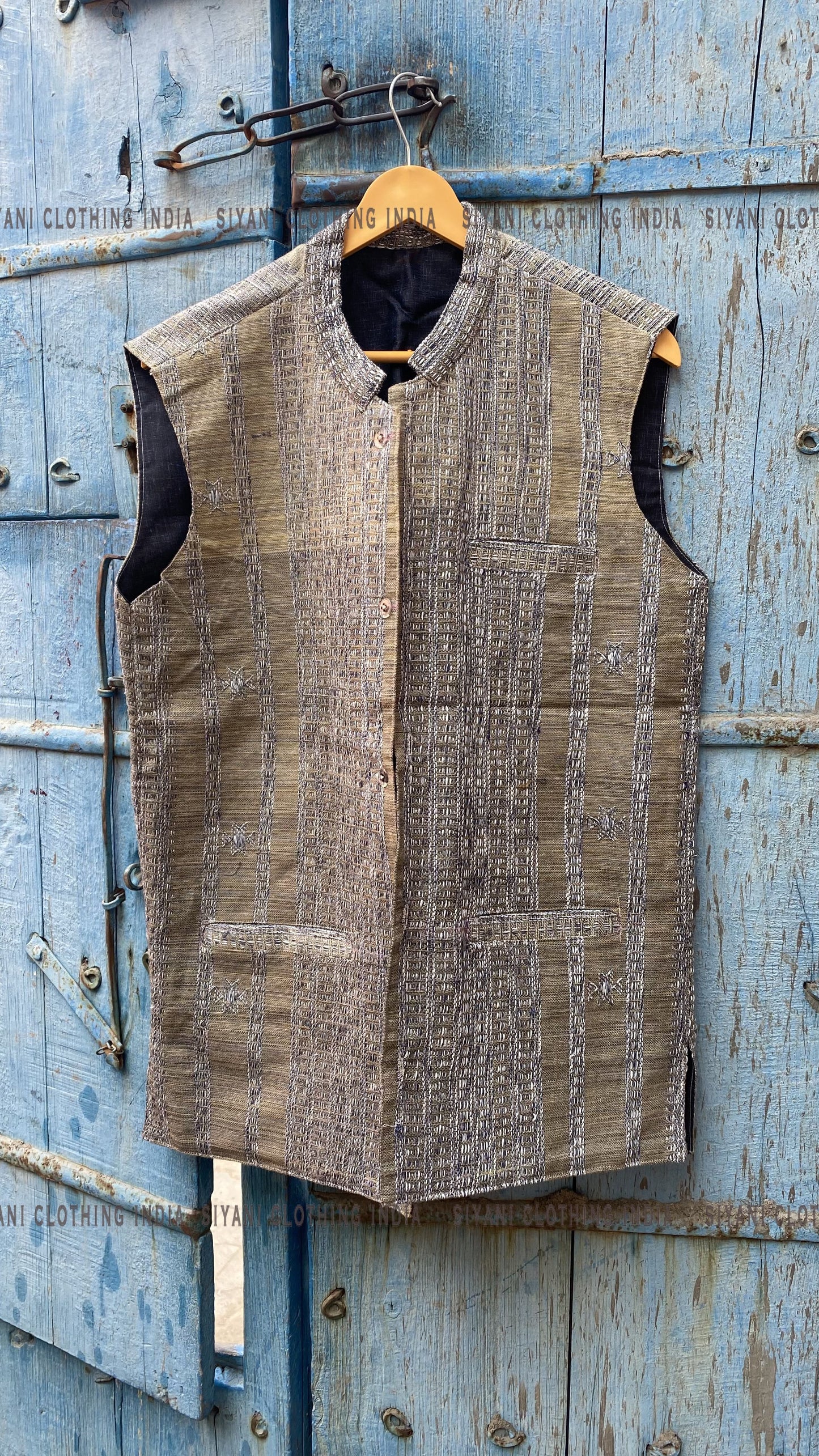 Siyani Beige Solid Sustainable Handloom Cotton Handmade Nehru Jacket