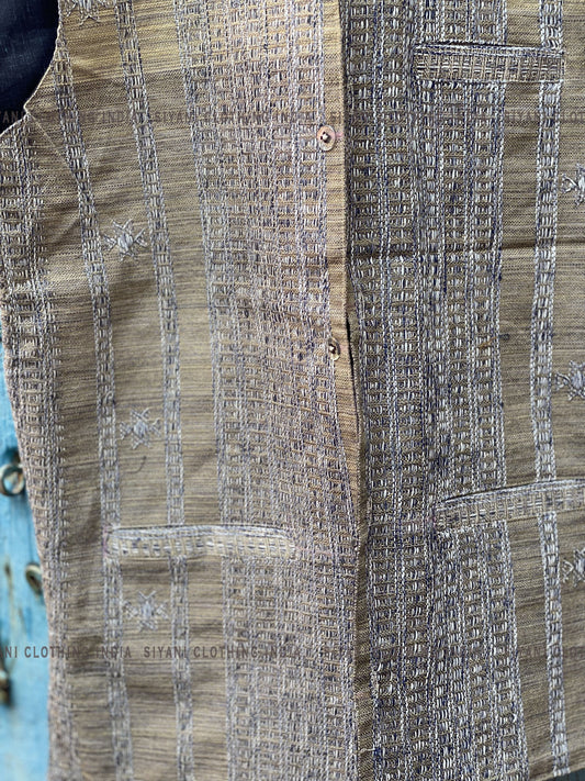 Beige Solid Sustainable Handloom Cotton Handmade Nehru Jacket - Siyani Clothing India