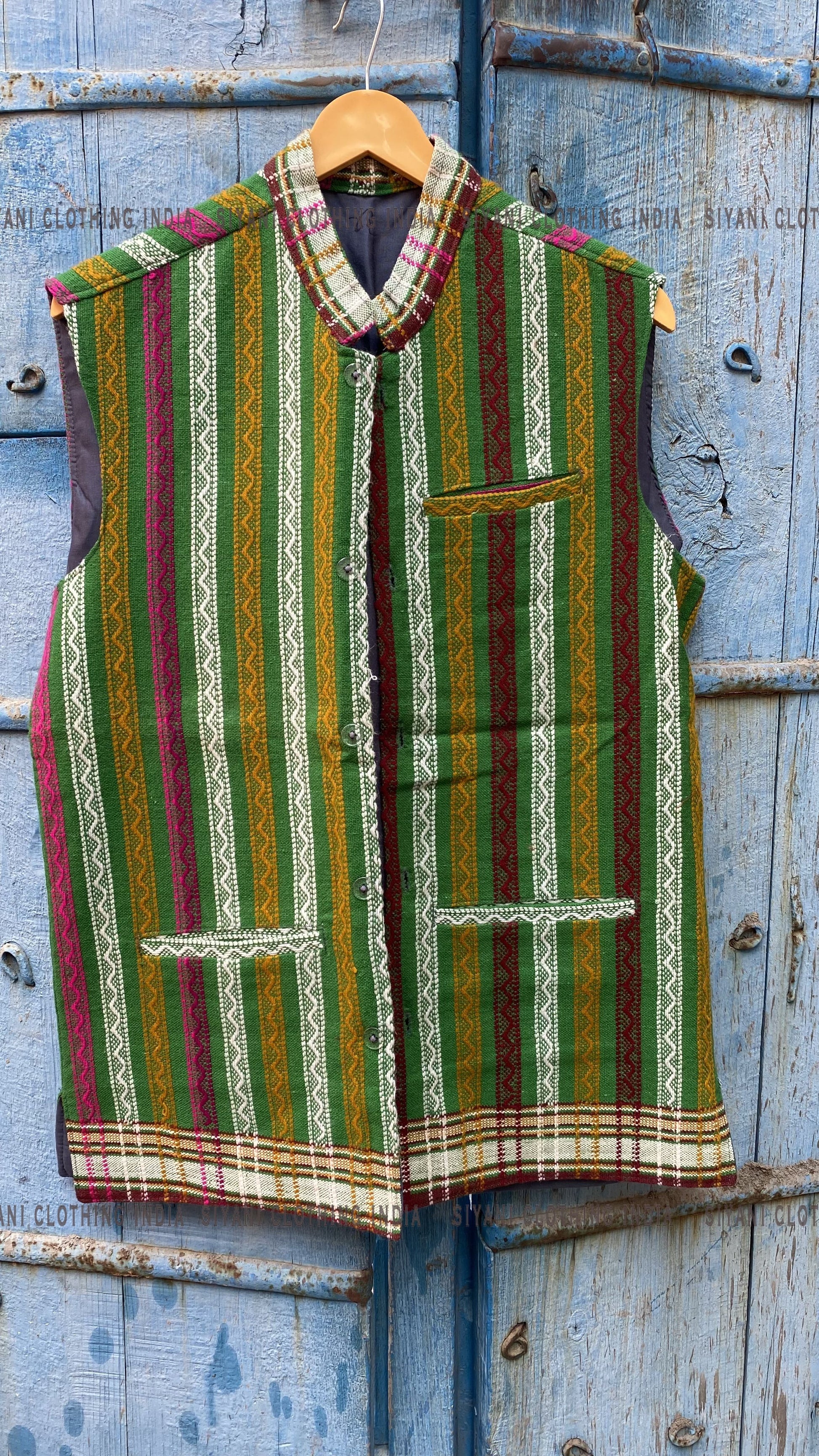 Siyani Green Multicolor Handwoven Handloom Cotton Handmade Nehru Jacket