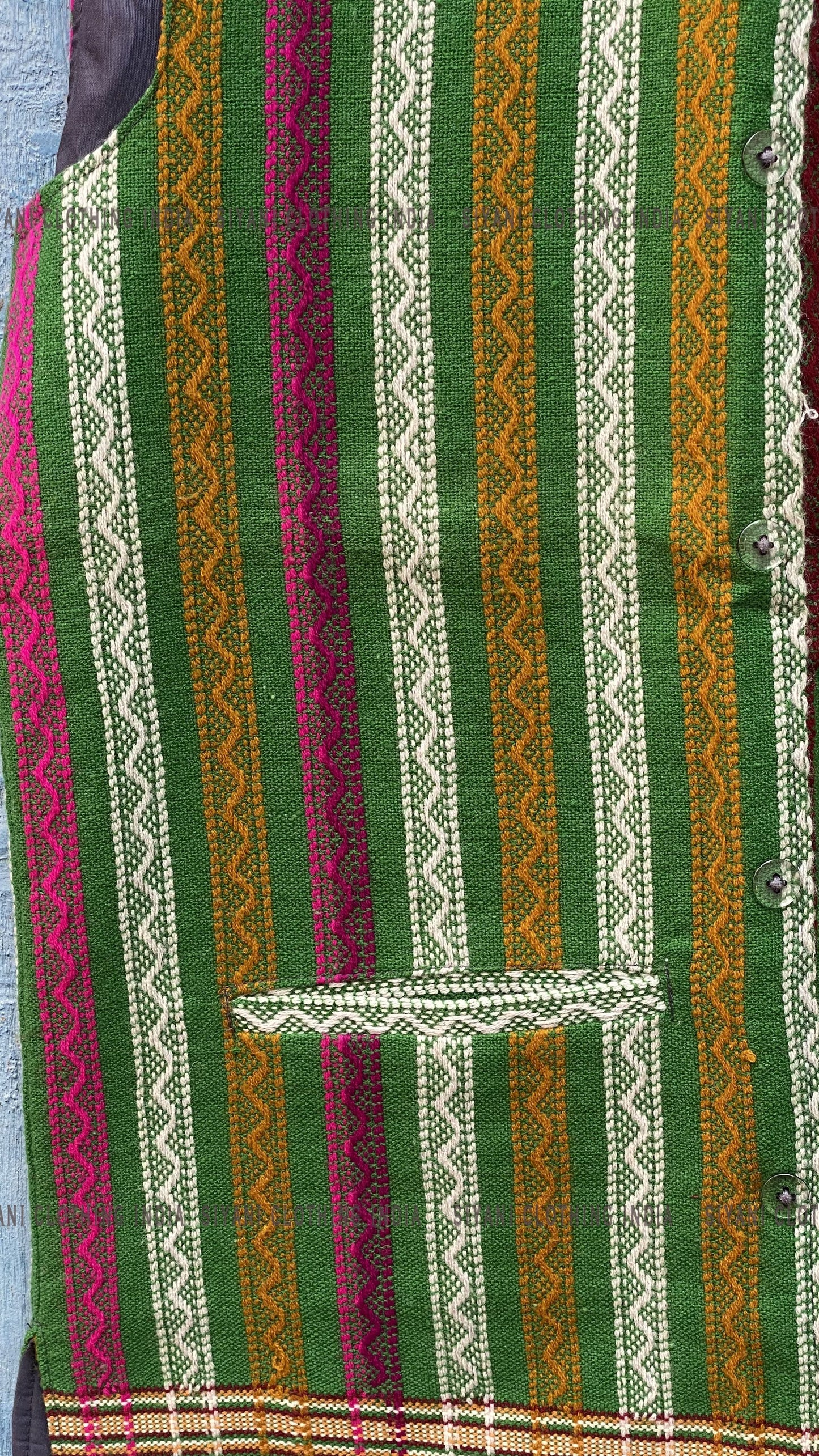 Green Multicolor Handwoven Handloom Cotton Handmade Nehru Jacket - Siyani Clothing India