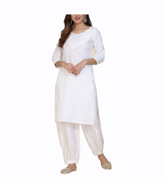 White Silk Kurta With Salwar Siyani Clothing India
