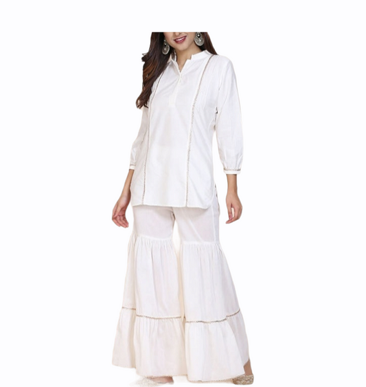 White Silk Kurta With Sharara Siyani Clothing India