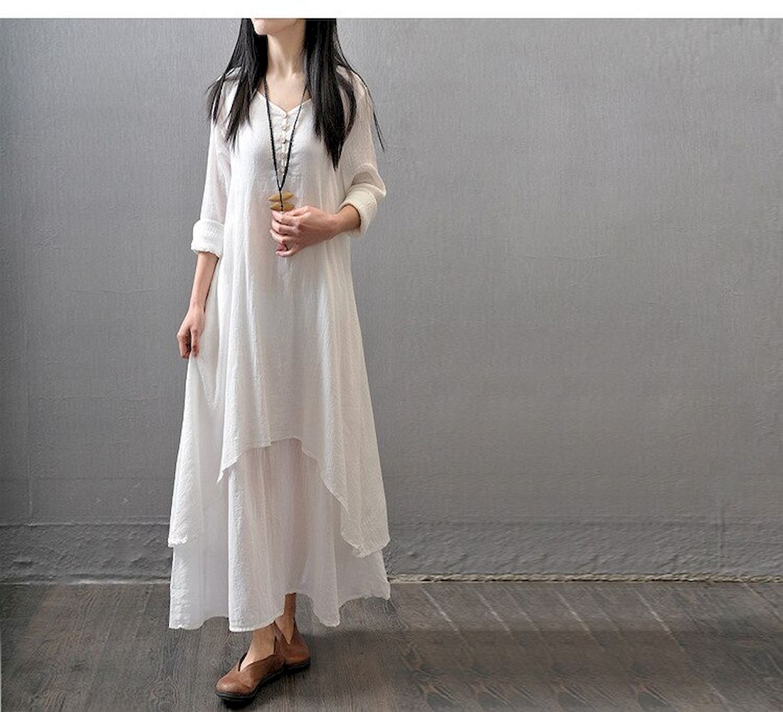 White Loose Casual Linen Long Dress - Siyani Clothing India