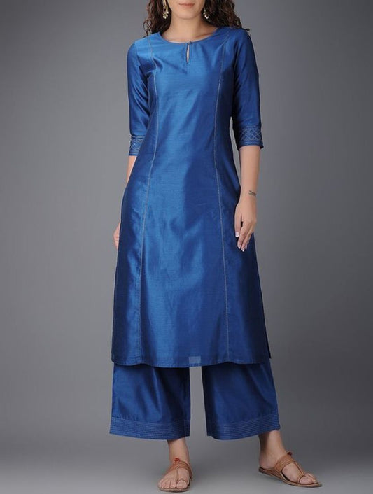 Blue Chanderi Kurta With Palazzo Siyani Clothing India