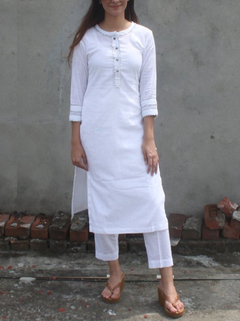 White Linen Kurta With Pants Siyani Clothing India