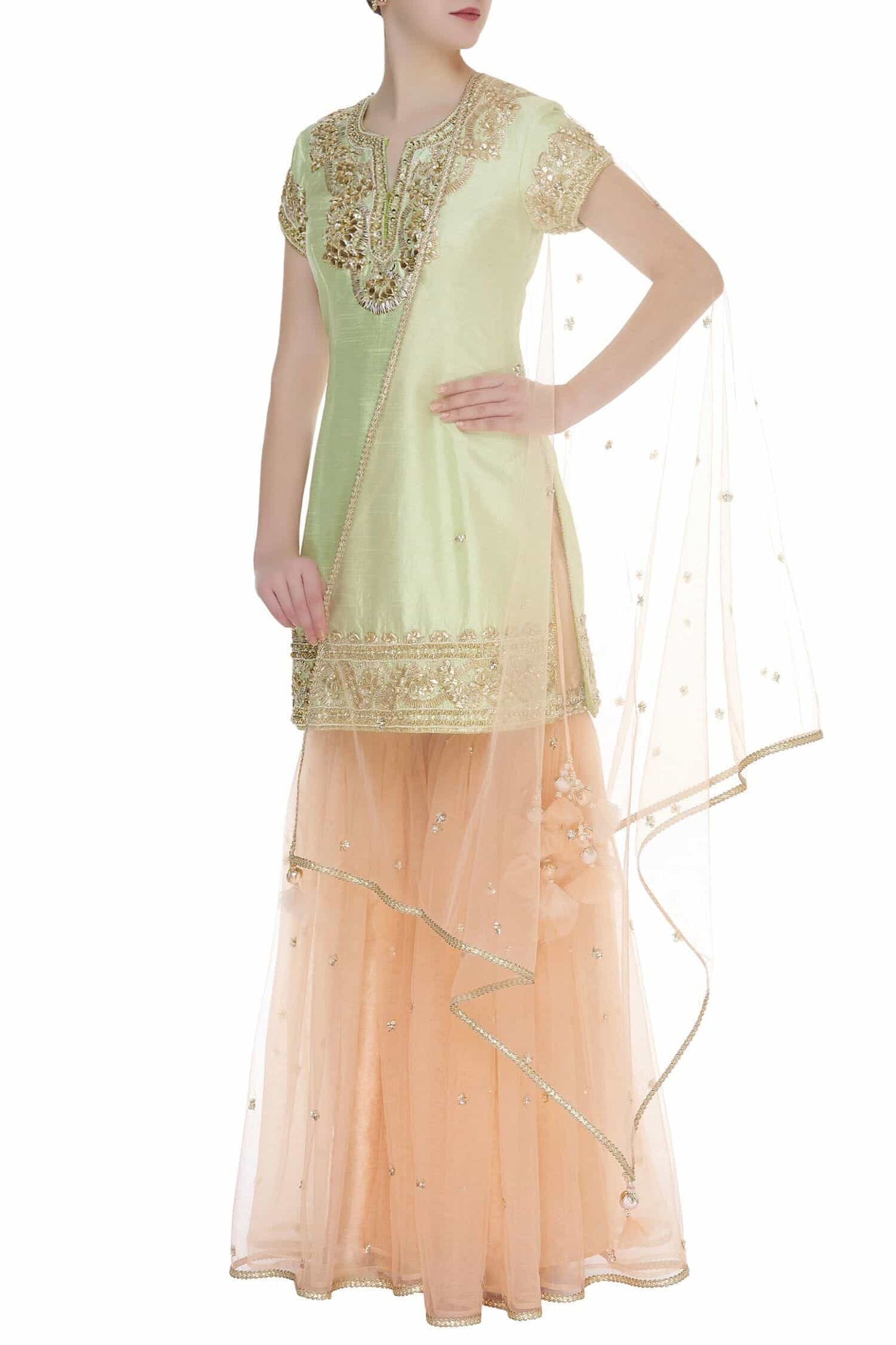 Pista Green Silk Kurta With Sharara Siyani Clothing India