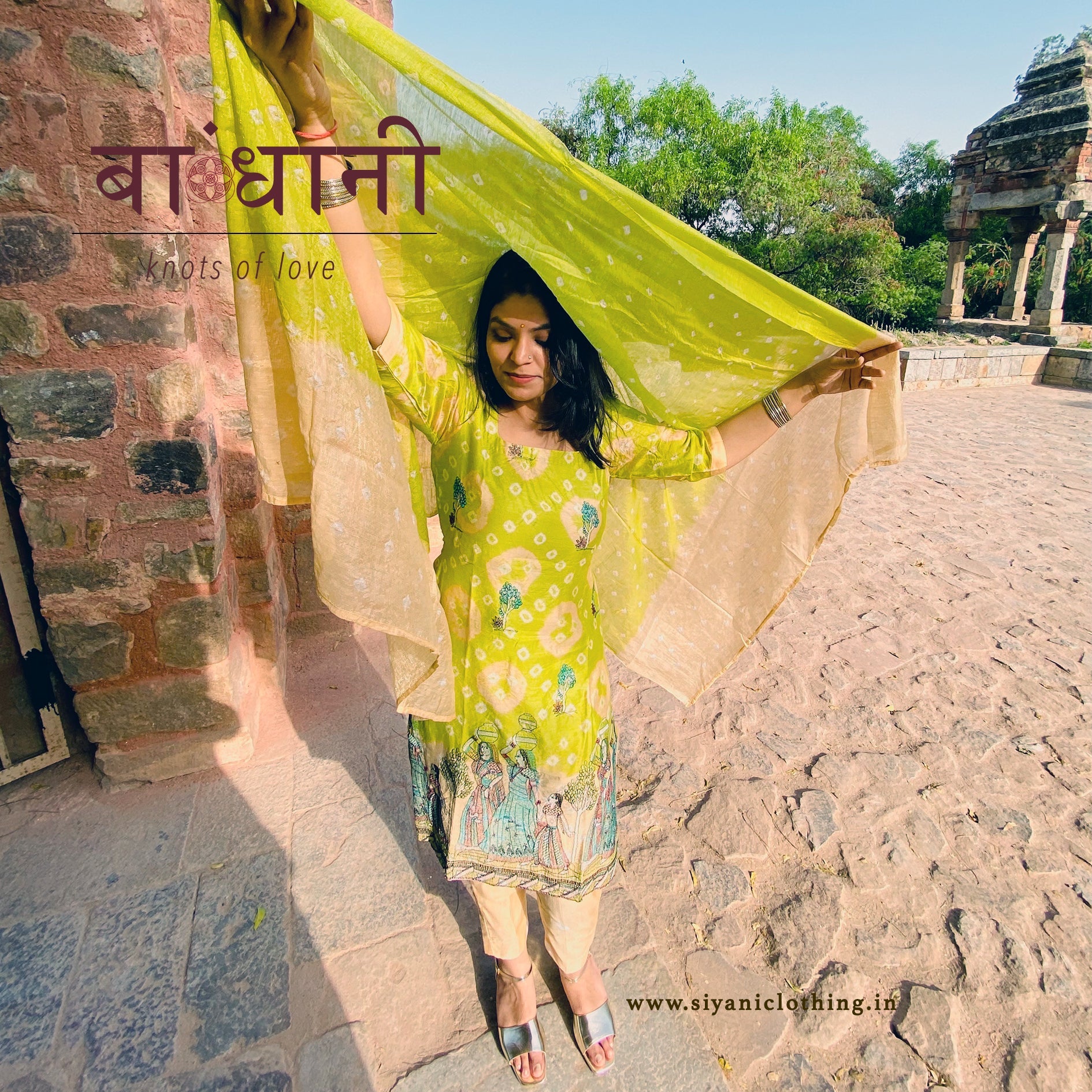 Bandhini unstiched suit dark green & orange - Siyani Clothing India