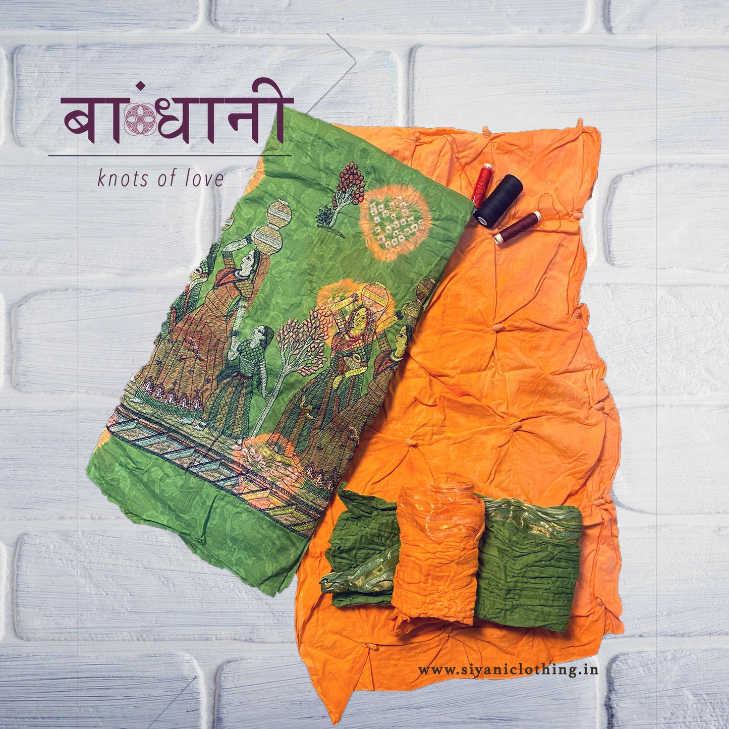 Bandhini unstiched suit dark green & orange - Siyani Clothing India