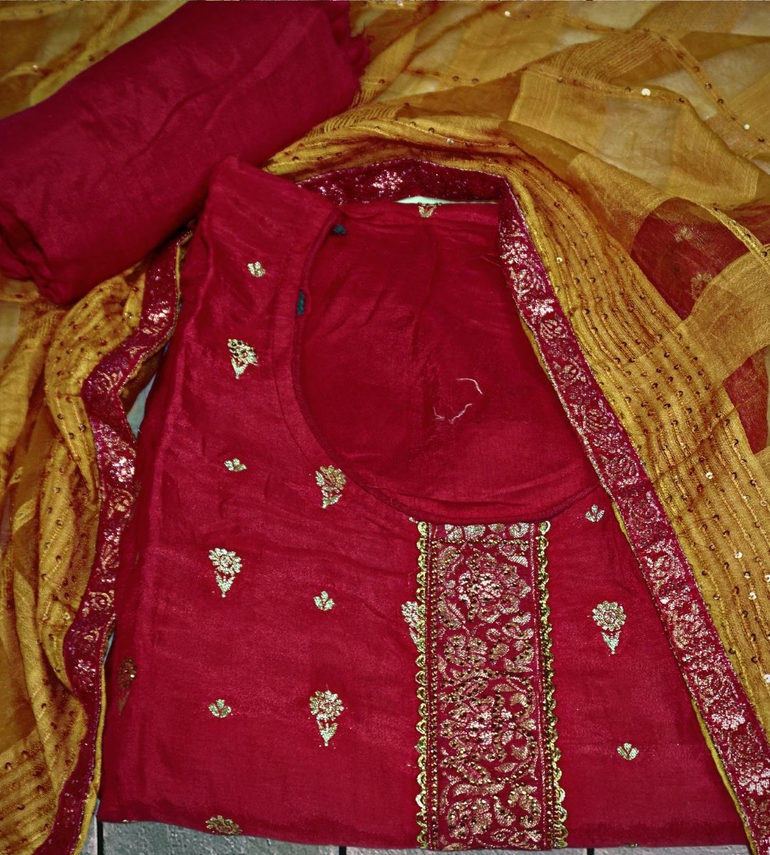 Siyani Hot Pink Dola Silk Embroidered Unstitched Salwar Suit