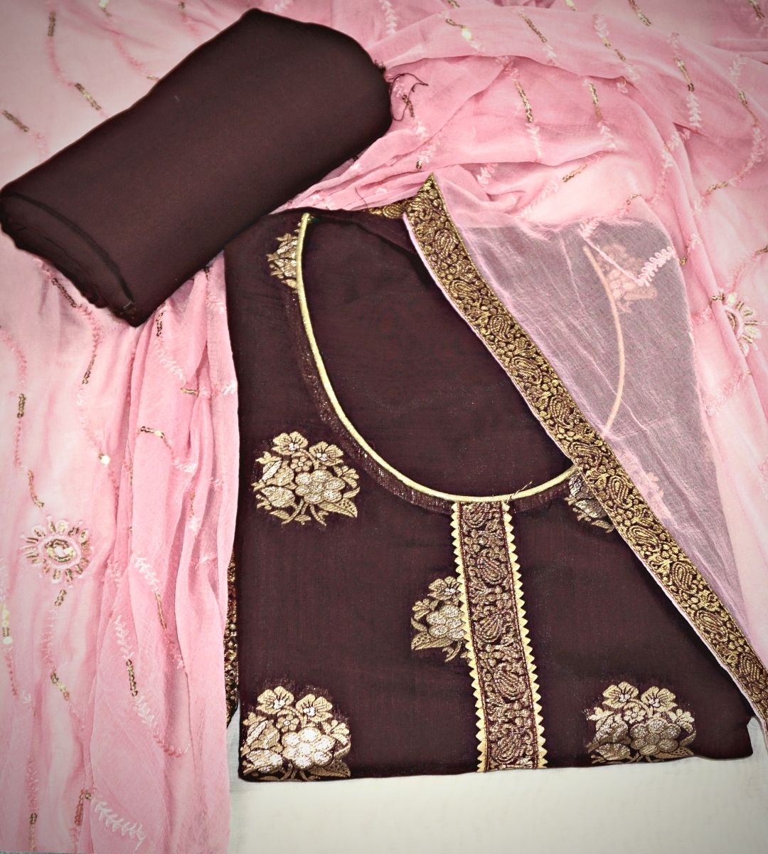 Siyani Dark Wine Chanderi Embroidered Unstitched Salwar Suit