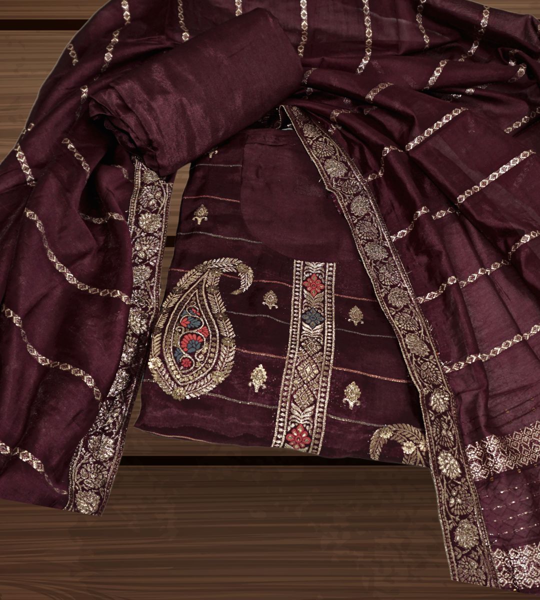 Siyani Maroon Dola Silk Embroidered Unstitched Salwar Suit
